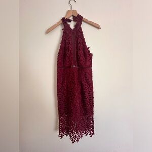 Bardot high neck midi dress - maroon. Size 8